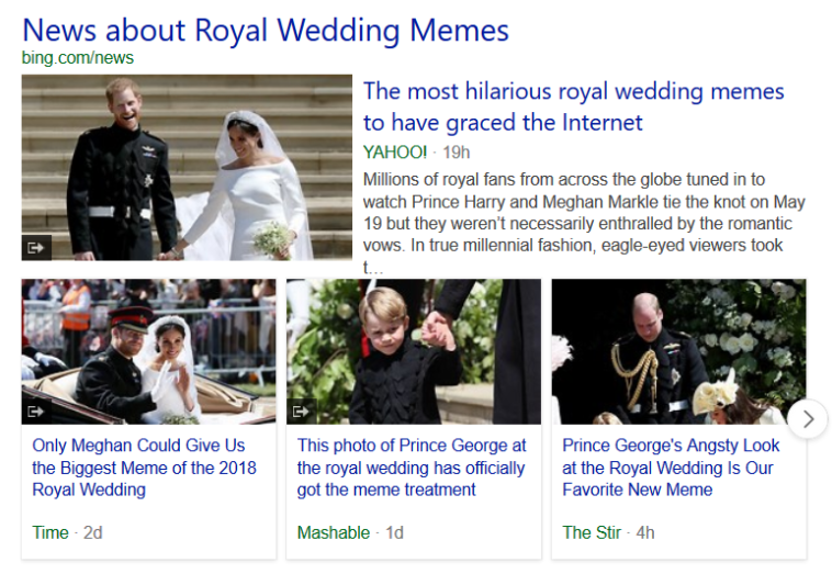 This screen grab displays the top of a Bing page featuring royal wedding memes.